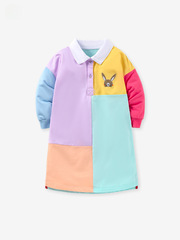 Oriental & Western Girls' Long Sleeve Dress Autumn Color Block Embroidery Cotton Children's Dress Cartoon Casual Children's Long Skirt Dress