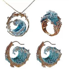 波の青い波のネックレスのアクセサリーセットの波のペンダントの樹脂の工芸品は飾りをつけます。