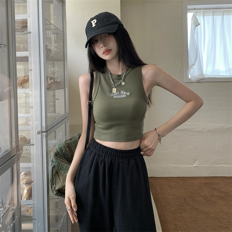 Summer New Women's Pullover Hot Girl Letter Embroidered Racer Vest Women's Outer Wear Slim Sleeveless Short Top for Women
