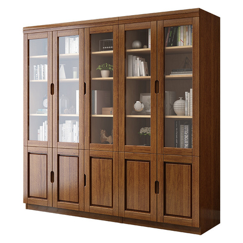 Solid wood bookcase with glass door three doors simple Chinese bookshelf storage student oak bookcase office file cabinet