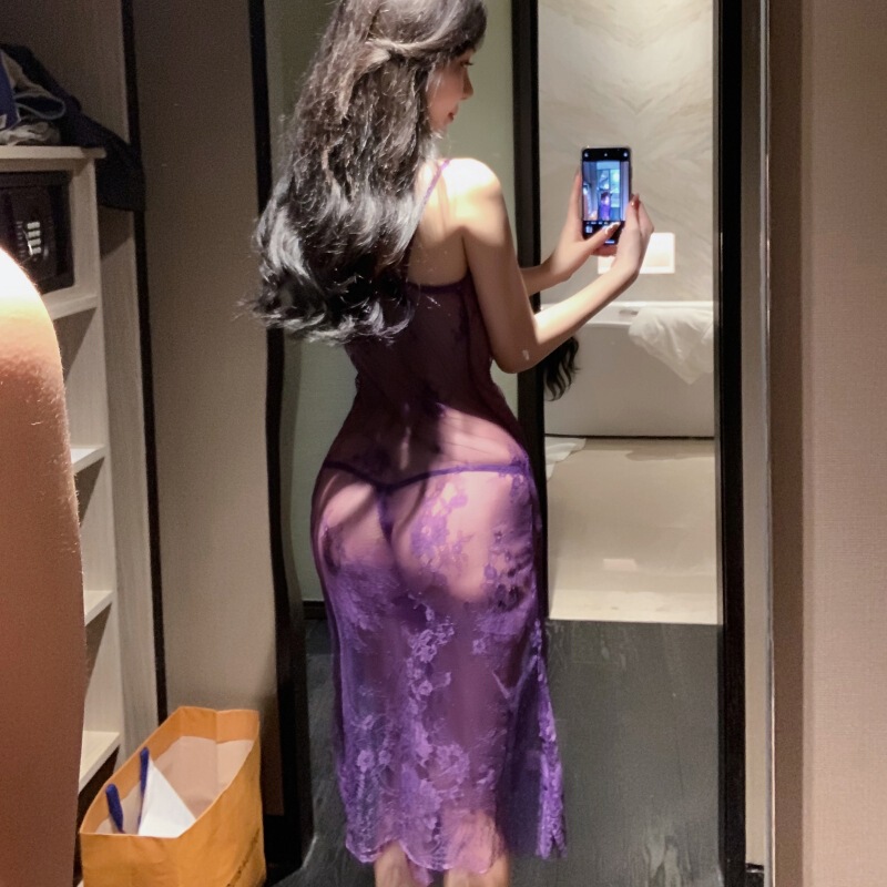 Long Night Sexy Lingerie Suspender Pajamas Women's Suit Sexy Transparent Lace Uniform Temptation Long Skirt 2130