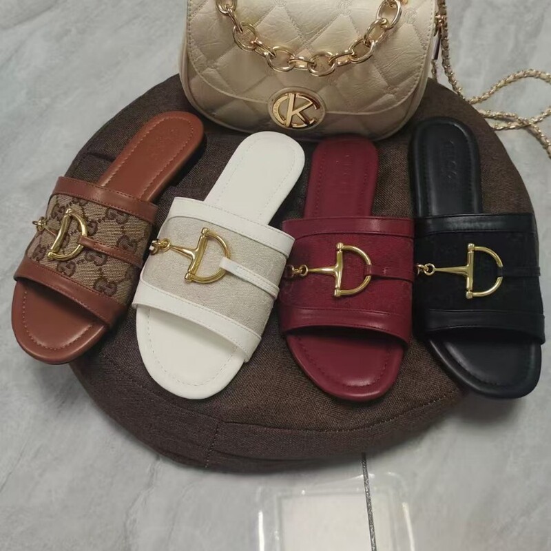 G Brand Pointed-Toe Printed Flat Sandals for Women 2025 Cross-Border Trade Large Size Round-Toe Open-Toe Women's Slippers Genuine Leather