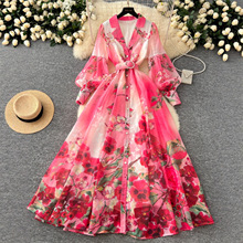 跨境欧美高端女装连衣裙2024冬新款宫廷风收腰西装领灯笼袖印花长