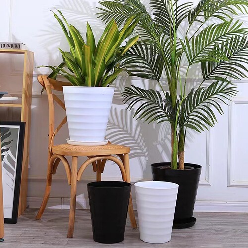Threaded large plastic flower pot, large potted green plant floor-standing simple imitation pottery high tube black and white extra large horizontal stripe barrel