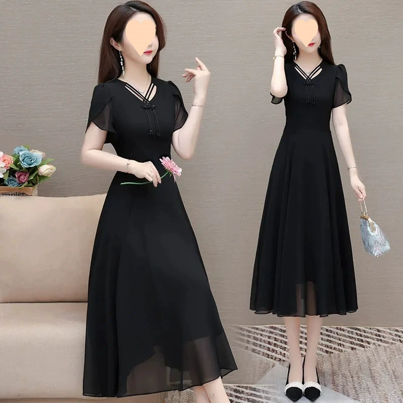 Элегантное шифоновое платье для женщин, лето 2025, новое китайское платье в стиле шик с коротким рукавом, зрелый стиль, черное платье с надписью.