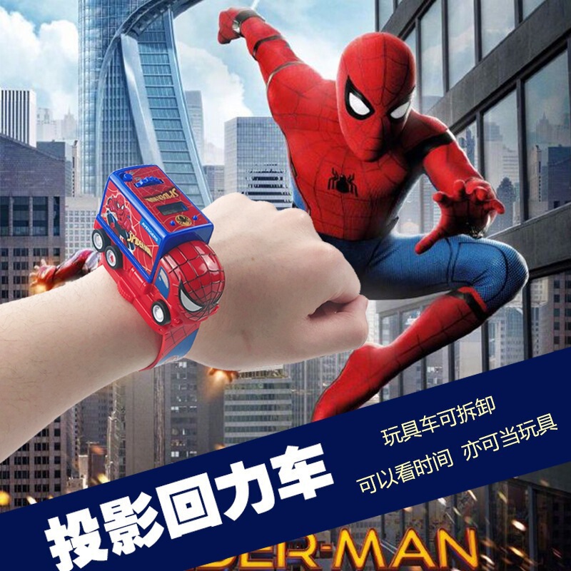 Tiktok Car Projection Watch Children's Cartoon Toy Spider-Man Kindergarten Creative Gift Mini Pull-Back Car