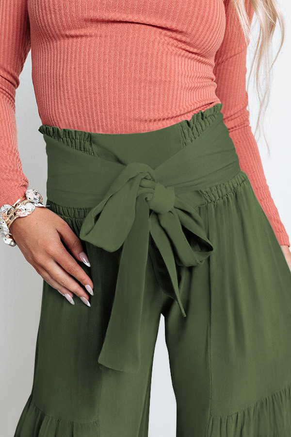 solid color straps elastic waist pleated wide leg pants NSMID128540