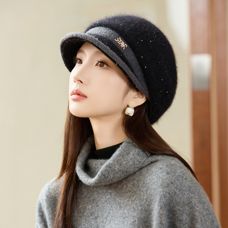 秋冬帽子女款高级感亮片保暖马术帽时尚休闲显脸小盆帽防寒护耳帽|undefined