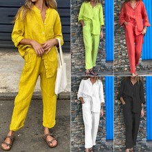 2024夏季新款跨境亚马逊女士2件套大码棉麻衬衫套装高腰宽松长裤