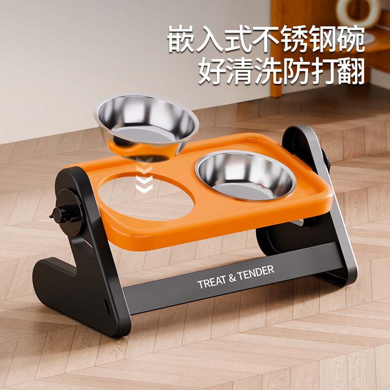 High-End Adjustable Height Pet Double Bowl Stainless Steel Neck-Protecting Cat Bowl Elevated Non-Slip Dog Feeder Wholesale Source