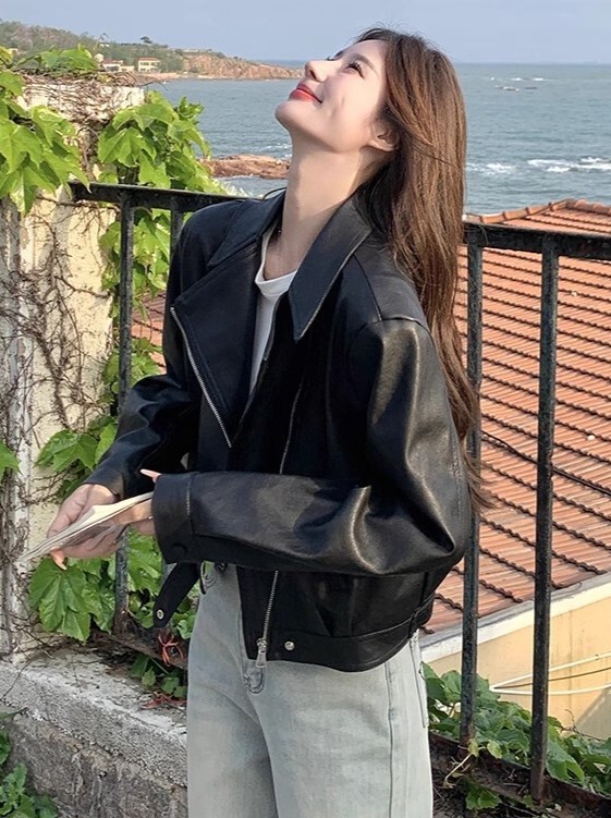 港风复古黑色酷炫皮衣机车服外套女秋冬新款小个子气质皮夹克上衣|undefined