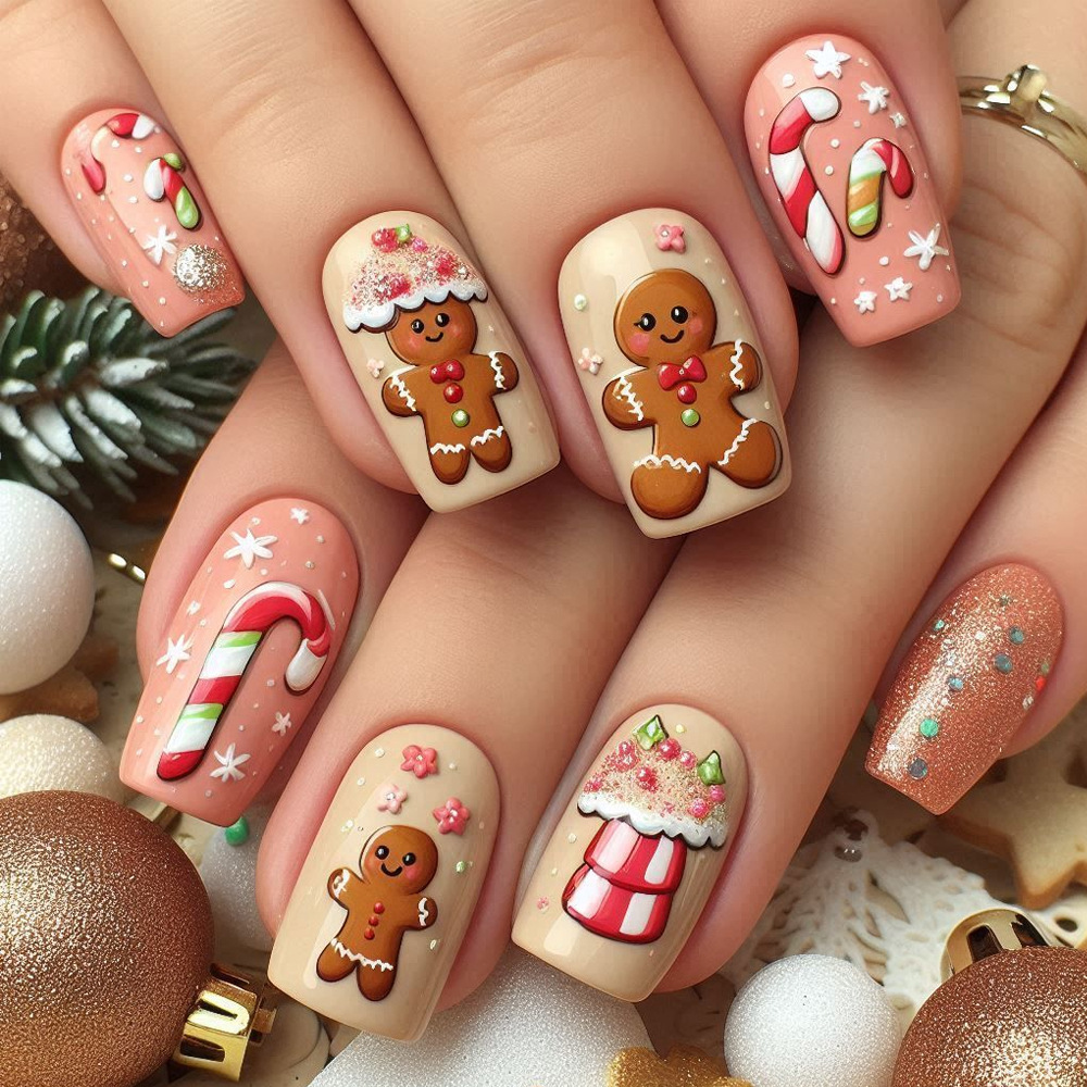 Comercio exterior Navidad en relieve de manicuras tridimensionales pan de jengibre muletas para usar uñas 24 piezas de parche de uñas dulces