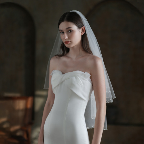 V847 European and American exquisite hand-beaded bridal veil, high-end beige double-layer wedding travel photo style headdress