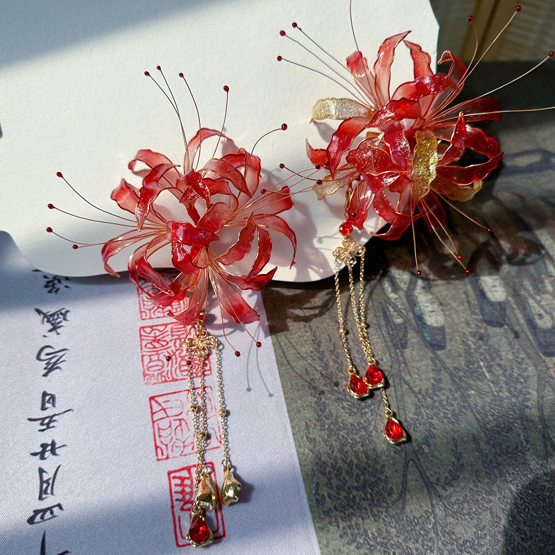 Original Design by Qingfeng Girl: Purely Handmade Spider Lily Hairpin with Tassels, Simple and Versatile Hanfu Hair Accessory