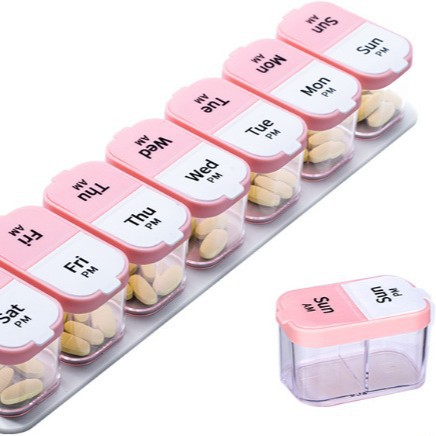La nueva caja de medicamentos de 14 compartiones de HuDongkang, caja de medicamentos de plástico de 14 compartiones desmontable doble, caja de almacenamiento de plástico PP de grado alimenticio