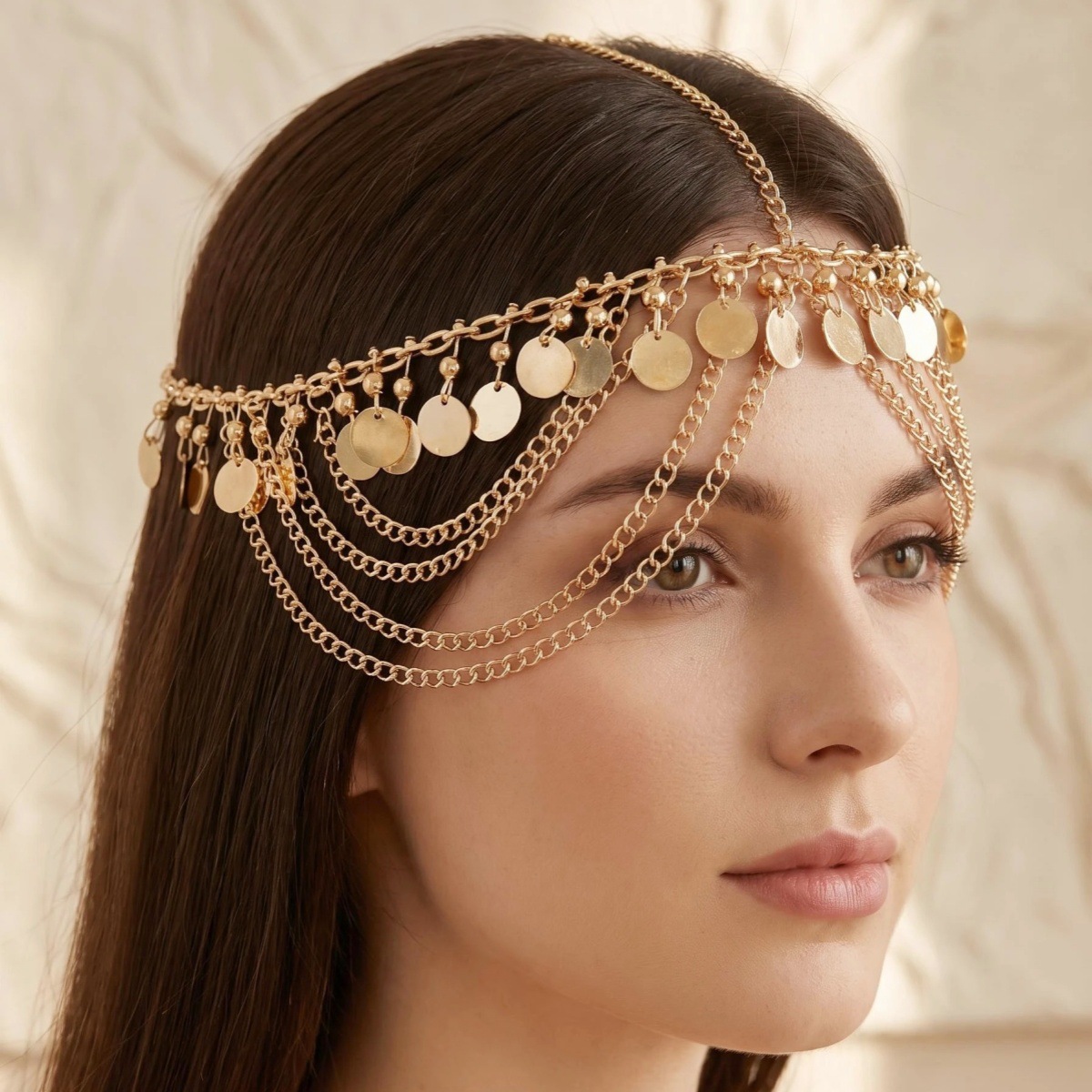 Cross-border European and American-style fashion gold geometric disc handmade chain tassel headpiece, women's party and vacation hair chain
