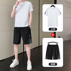 上質スポーツスーツメンズ夏アイスフィットネス服速乾トレーニングランニングカジュアル半袖tシャツ2点セット