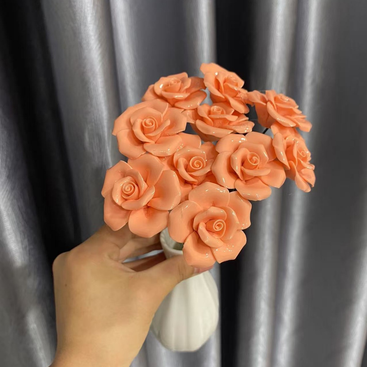 小号陶瓷铁杆小花多色玫瑰德化陶瓷手捏花花朵配件饰品手工摆件