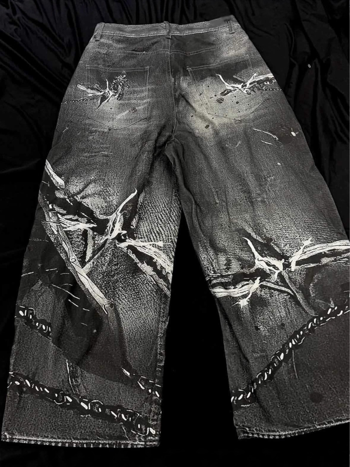 Transfronterizos estadounidenses vintage impresión jeans nuevos estilos de tinta de alta calle viento de desechos de tierra hacer viejos pantalones de piernas relajados