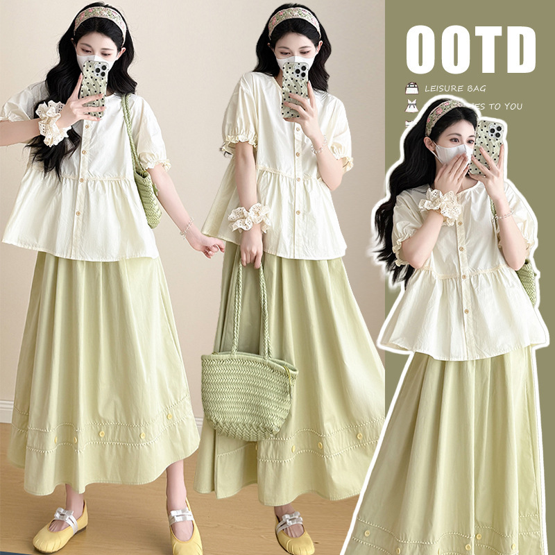 Maternity Wear Summer Outfit 2025 New Fashion Set for Pregnant Moms Short-Sleeve Babydoll Shirt Summer High-End Outfit with Half Skirt Maternity Wear Summer Outfit 2025 New Fashion Set for Pregnant Moms Short-Sleeve Babydoll Shirt Summer High-End Outfit with Half Skirt