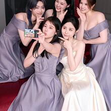 2024新款紫色缎面小众伴娘服姐妹团轻奢表演年会晚礼服裙秋冬季