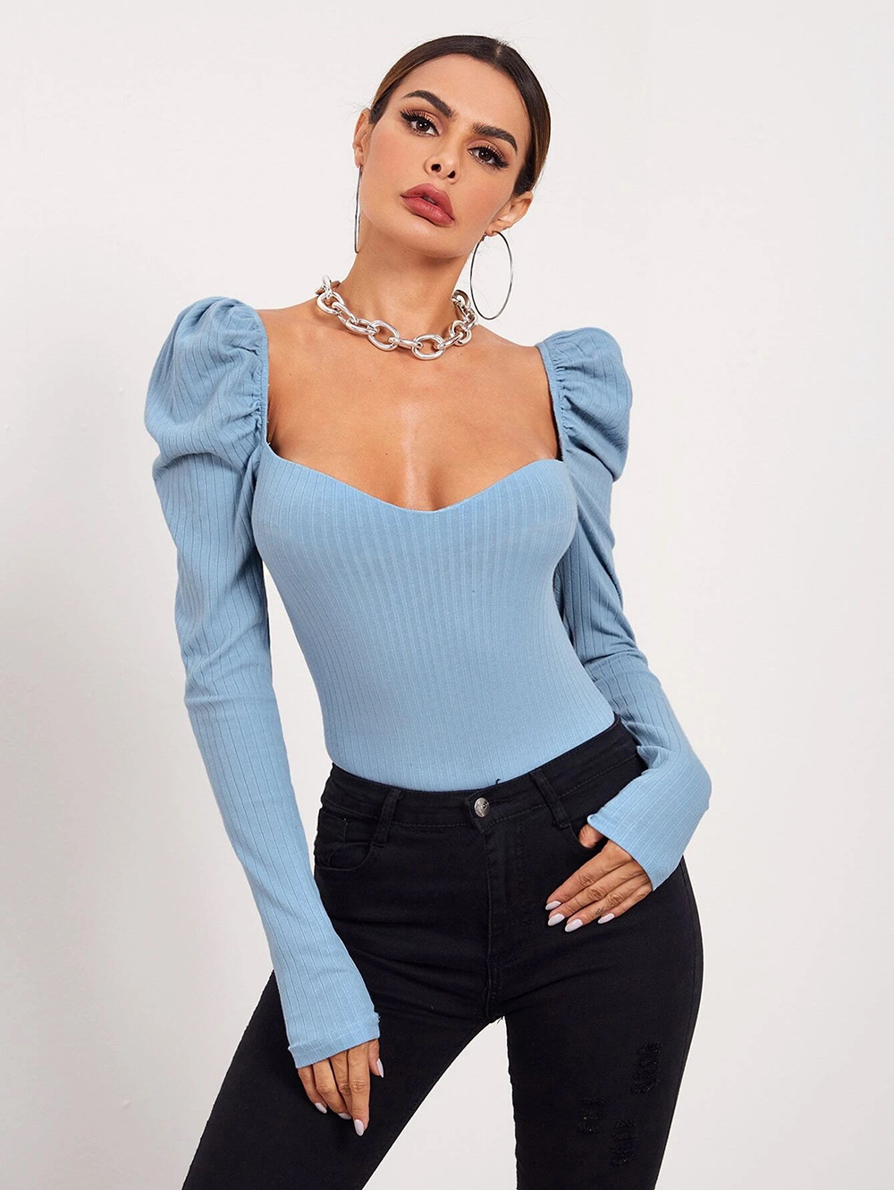 Bubble Long Sleeve Boat Neck Solid Color Slim Fit Top in T-shirts & Tops