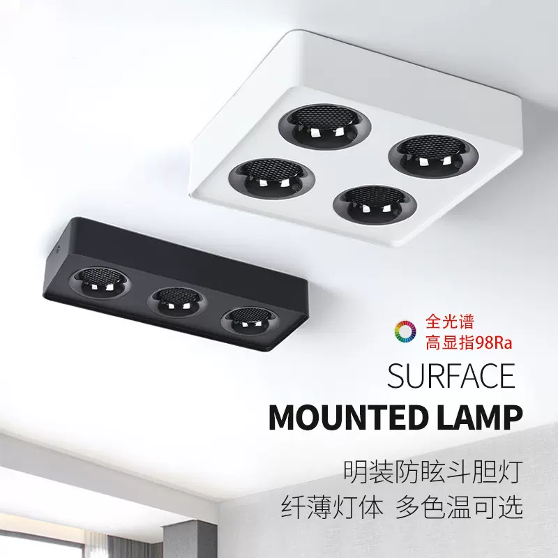 LED明装斗胆灯四头射灯客厅无主灯格栅灯方形双头豆胆灯防眩目