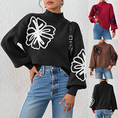 レディース秋冬トップスクロスボーダー欧米服立体リボン刺繍花ハーフタートルネックランタンスリーブプルオーバーセーター