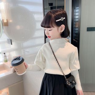 Spring and Autumn Women's Sweater Baby's Western Style Children's Personality Trendy Brand Korean Half-high Collar Puff Sleeve Cyber Celebrant Knitted Sweater