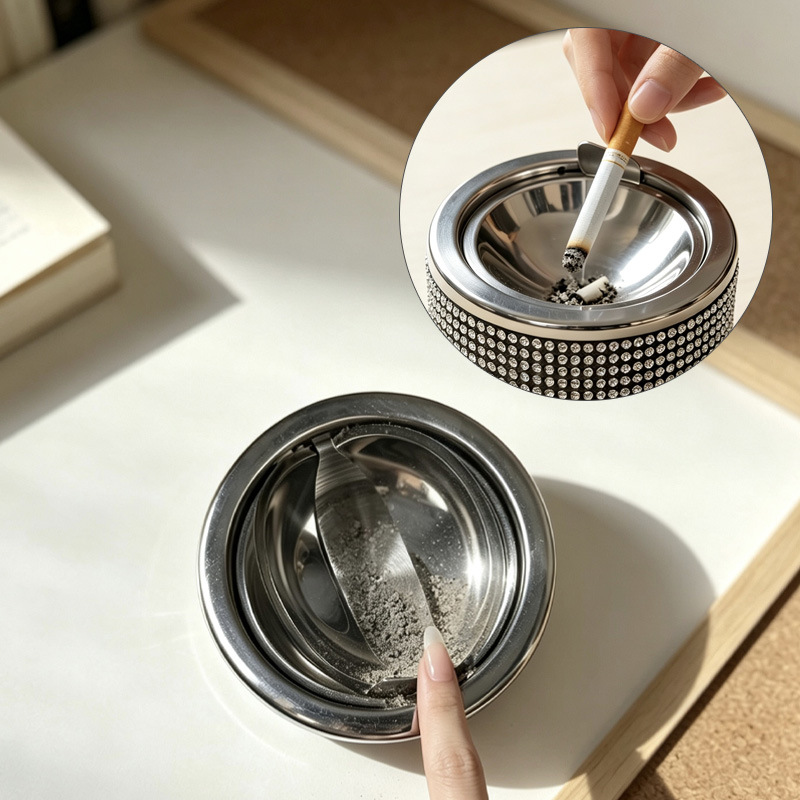 Stainless steel ashtray, creative and personalized, prevents ash from flying, high aesthetic value, inlaid with diamonds, suitable for hotels, homes, and offices