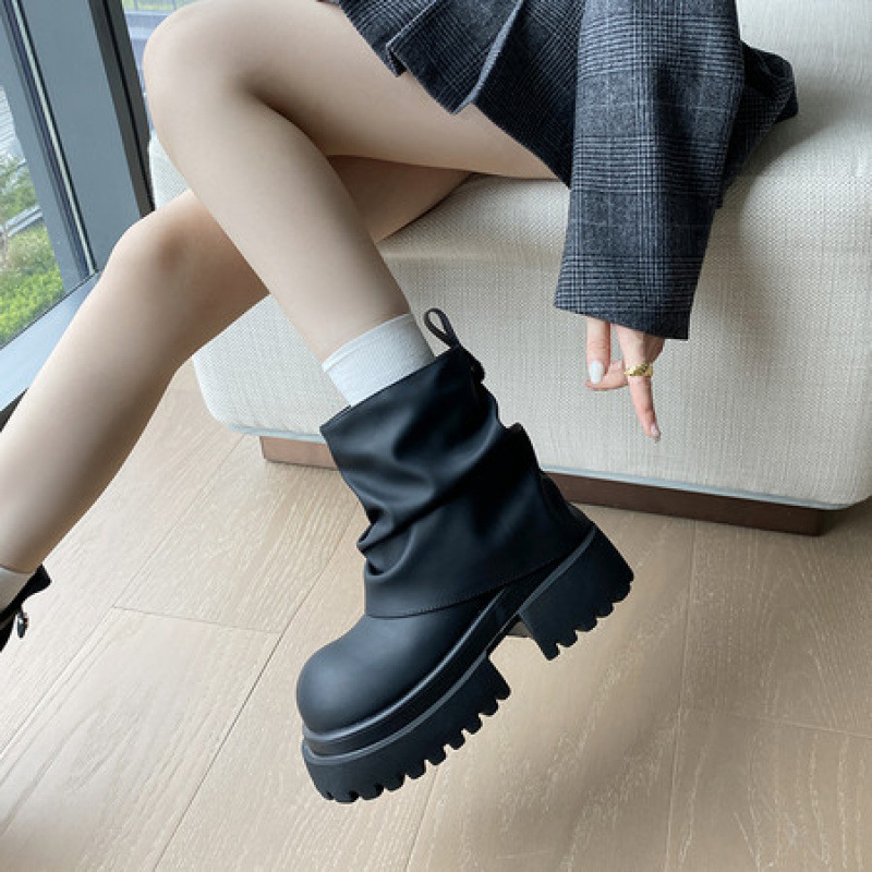 正当时髦季~韩版厚底粗跟褶皱裤管靴女堆堆靴2025秋冬增高ins短靴|undefined