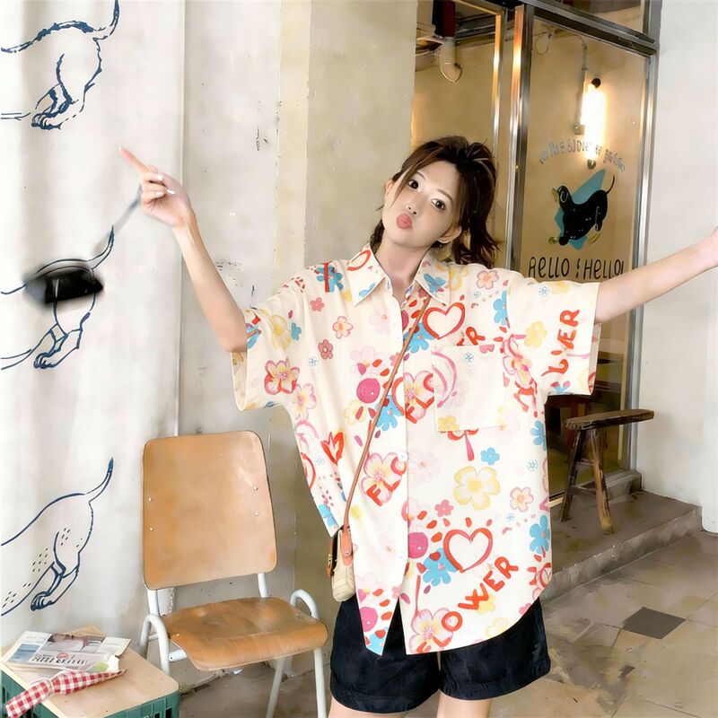Japanese-Style Short-Sleeve Dopamine Print Shirt for Women, Summer Thin and Stylish, Fresh and Loose Casual Shirt