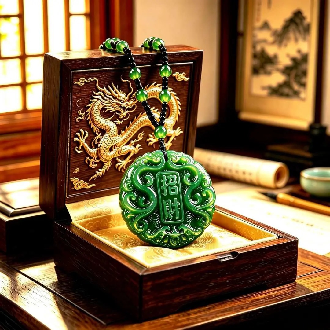 Imitation jade pendant necklace, a fashionable and versatile piece that attracts wealth, featuring a Guanyin Buddha or dragon charm, suitable for both men and women, and can be worn as a sweater chain or a pendant