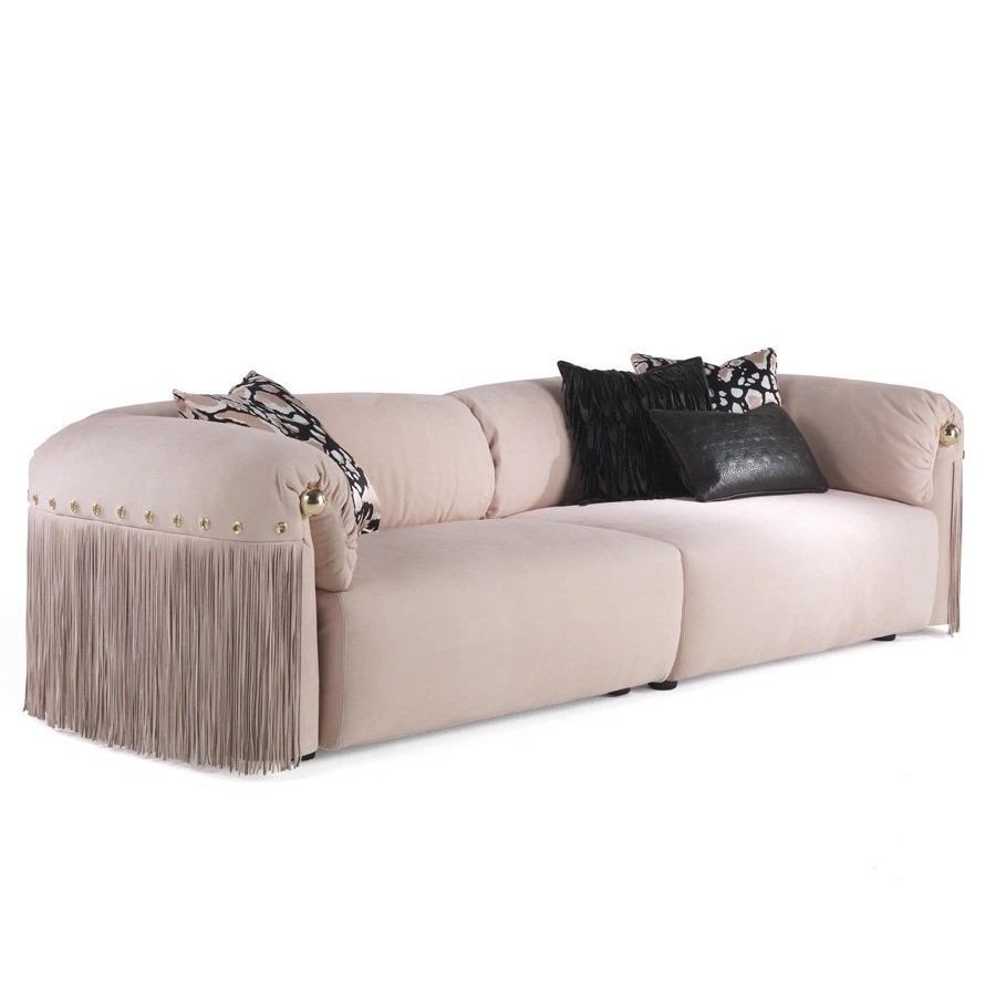 Custom Roberto Cavalli pink fringe sofa for the living room of a large flat-roof villa in Italy, featuring light luxury Italian style