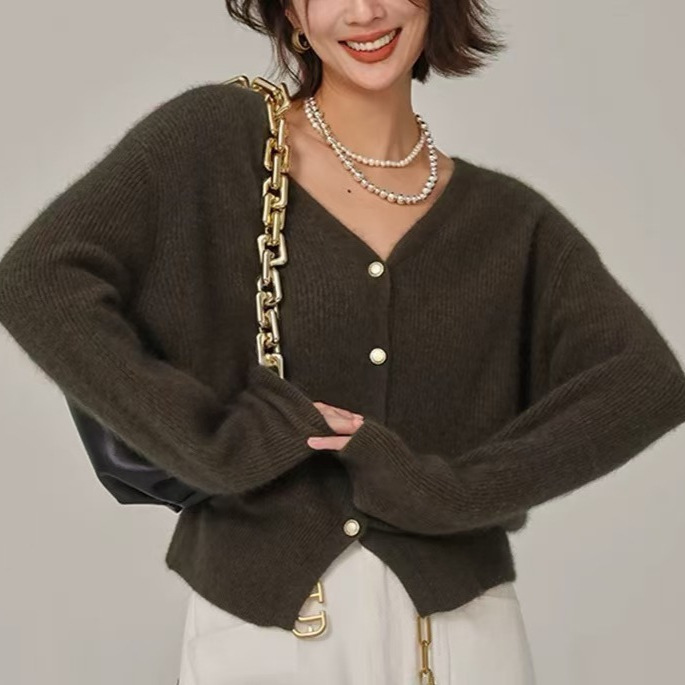 优雅气质紫色v领浣熊绒毛衣外套女秋冬宽松慵懒针织开衫短款上衣|undefined