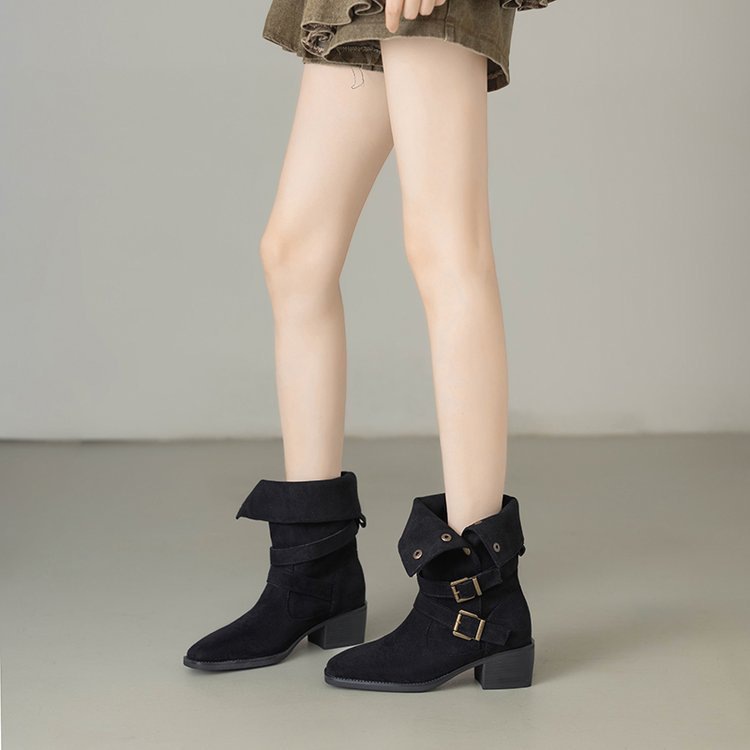 Nuevos zapatos de mujer residuos de tierra occidental botas vaqueras mujeres 2026 primavera versátil zapatos retro casuales botas marrones medianas