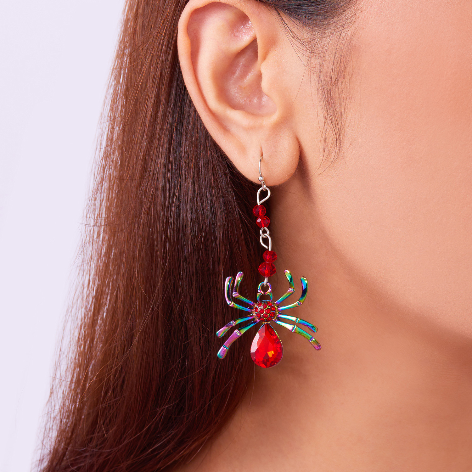 Subtle exaggerated Halloween diamond studded spide, punk style, versatile, colorful and quirky tassel earrings_voghion.com