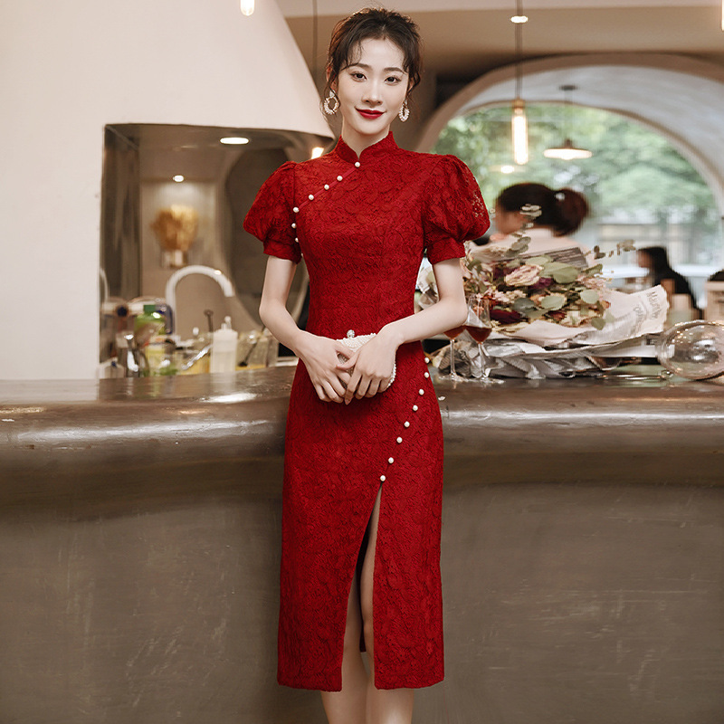Red lace Cheongsam toast dress the bride the new winter Chinese Dresses Retro Qipao female Chinese style wedding engagement