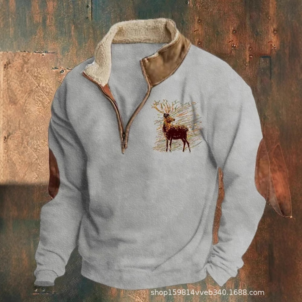 亚马逊春秋新品男士长袖半拉链印花休闲时尚欧美潮流夹克外套