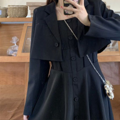 大码胖新品黑色西装套装女秋季2025款鱼骨收腰显瘦吊带连衣裙两件