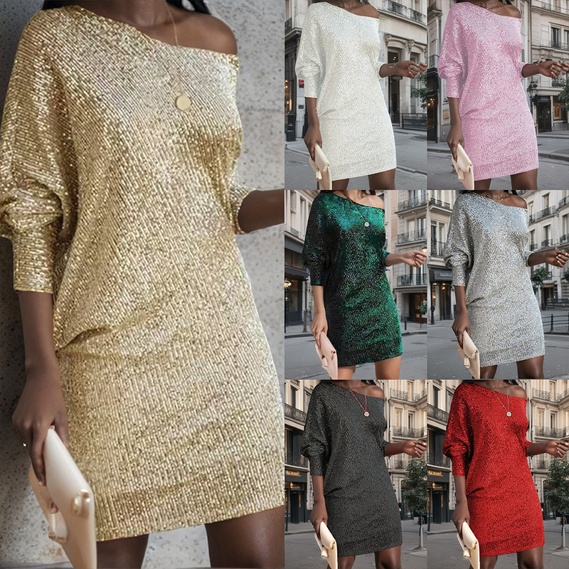 European and American Amazon Cross-border New Women's Fashion Solid Color Cross Shoulder Long Sleeve Short Dress Sequin dress Dress