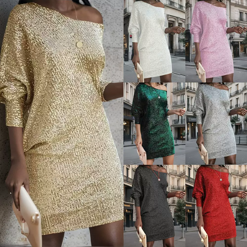 欧美亚马逊跨境新款女装时尚纯色斜肩长袖短裙亮片连衣裙礼服裙