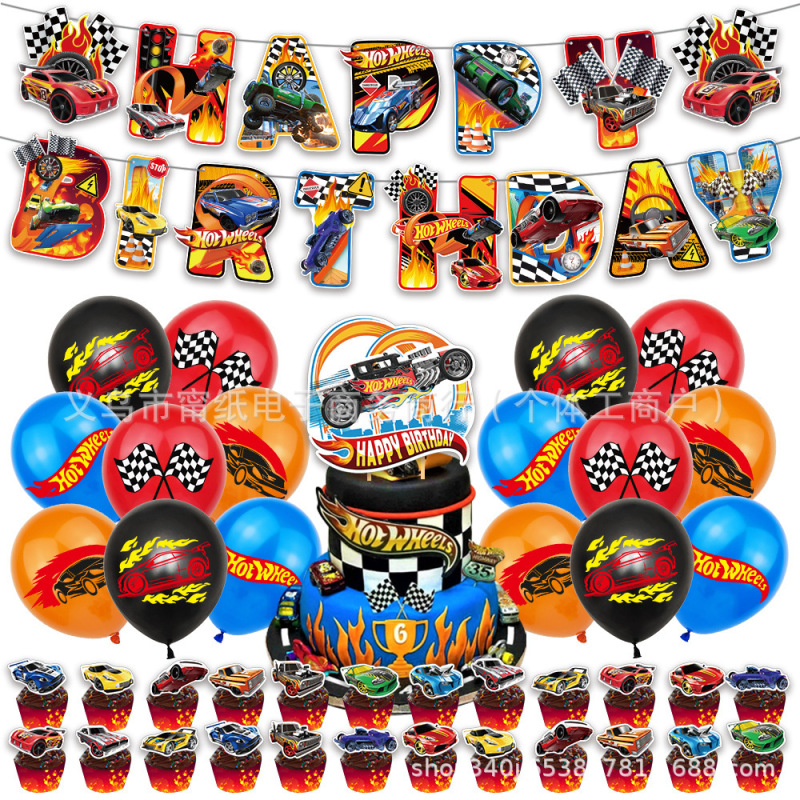 Popular Hot Wheels Racing Theme Birthday Party Decoration Set Balloon Flag Cake Decoration Arrangement Props Popular Hot Wheels Racing Theme Birthday Party Decoration Set Balloon Flag Cake Decoration Arrangement Props