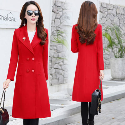 红色长款大衣毛呢外套女中秋冬季新款韩版显瘦呢子大衣加厚风衣女|ms