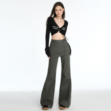 美式假两件微喇工装牛仔裤女秋季2024新款高腰显瘦设计感喇叭裤子