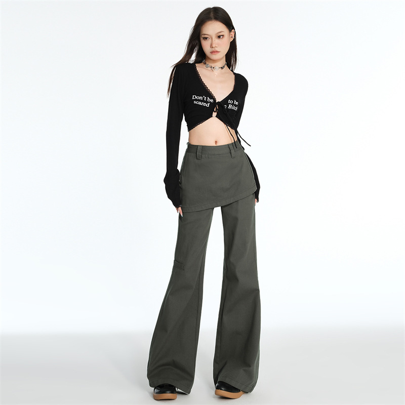 American-style Fake Two-piece Micro-pull Tooling Jeans Women's Autumn 2024 New High Waist Slimming Design Sense Horn Pants