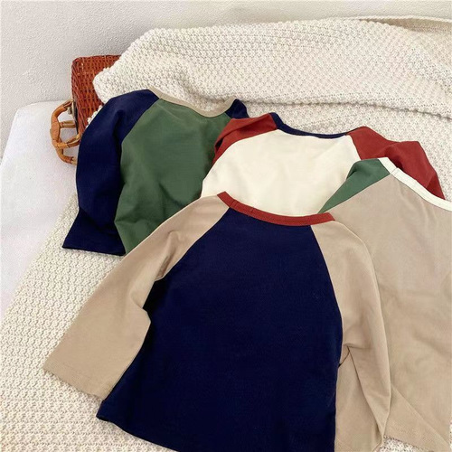 Cotton Children's Long Sleeve T-shirt 2024 Autumn New Unisex Cartoon Color-blocked Base Shirt Baby Korean Style Cotton Top T-shirt