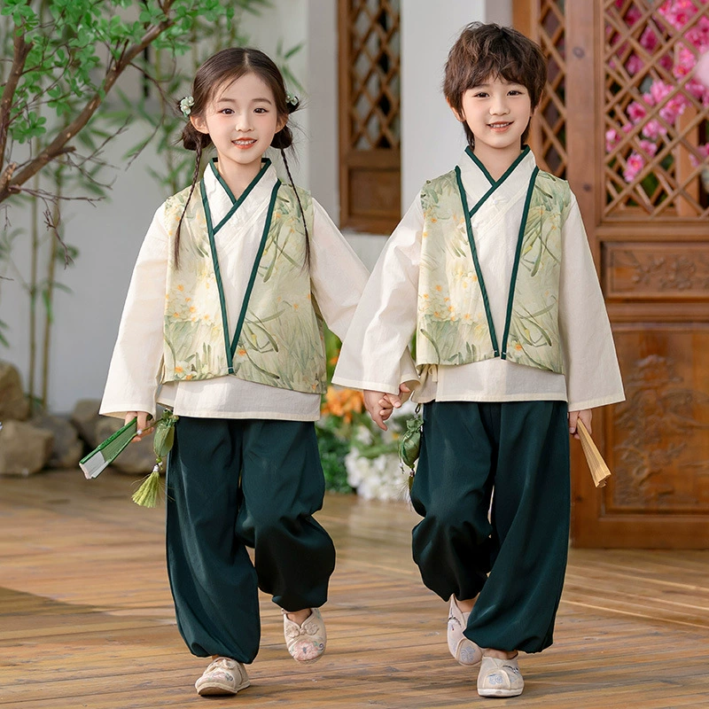 Детский весенне-осенний весенний горный национальный стиль исполнения костюма костюма костюма Hanfu костюма детского сада танцевальная одежда