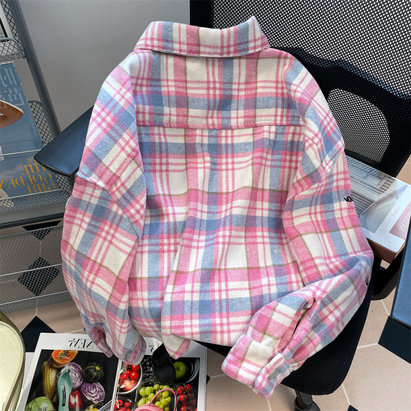 アメリカンレトロ高級感磨毛格子シャツコート男女秋冬香港風工装刺繍厚手シャツ|undefined