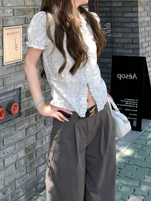 槿一 苏黎世夏 自制印花水溶衬衫女V领显瘦短款休闲上衣夏设计感|undefined
